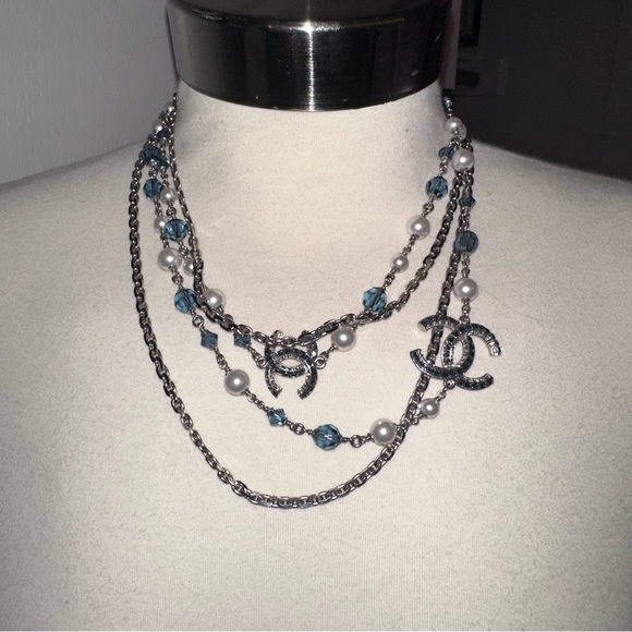 CHANEL long pearl necklace w blue crystals rhinestone classic princess sapphire - Picture 6 of 11